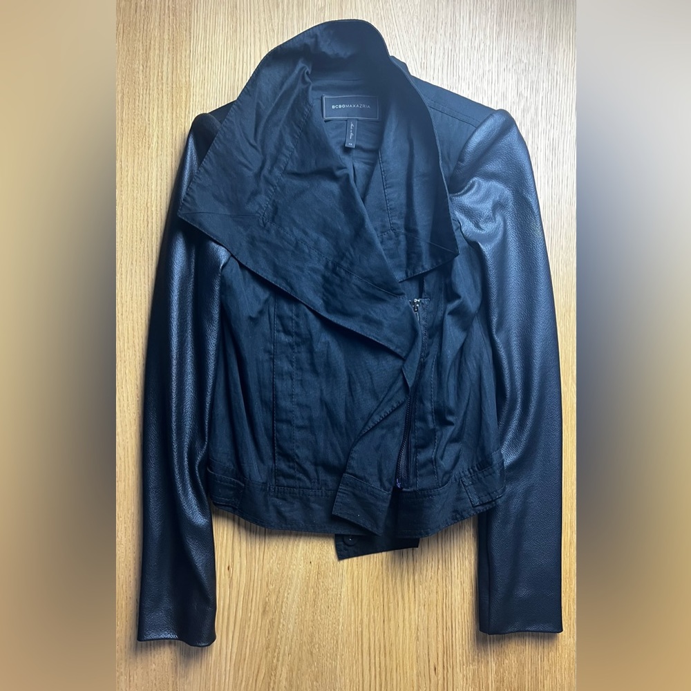 BCBGMaxazria Canvas and Faux Leather Jacket Black Size XS